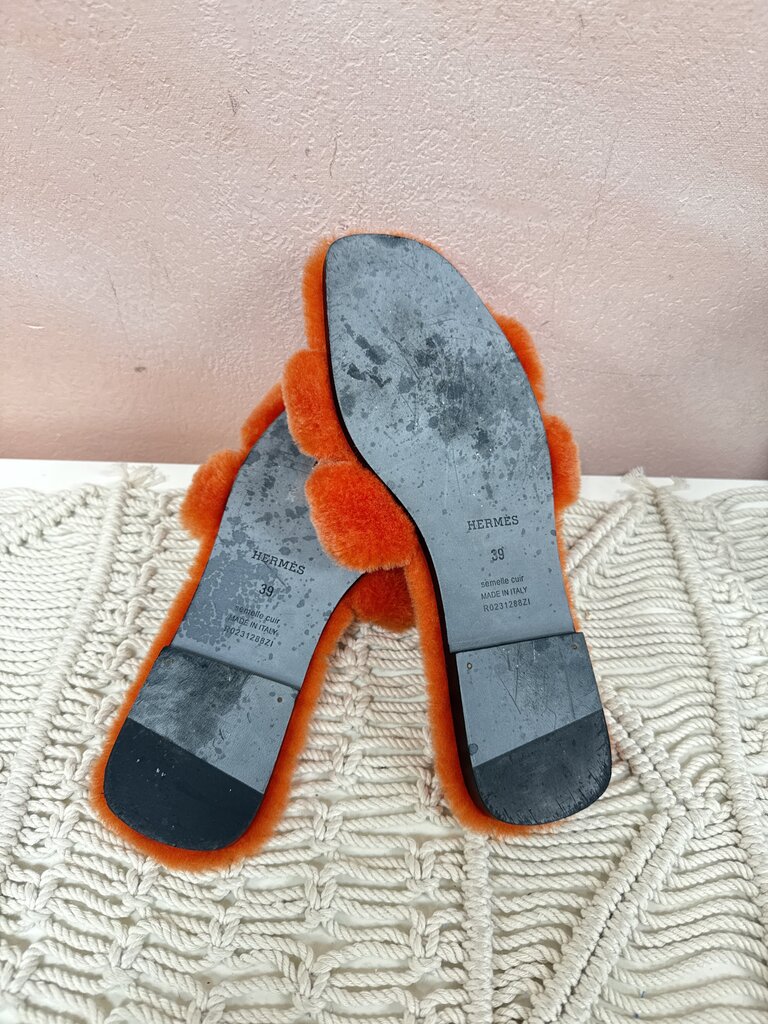 Hermes Oran Orange Faux Fur Sandal