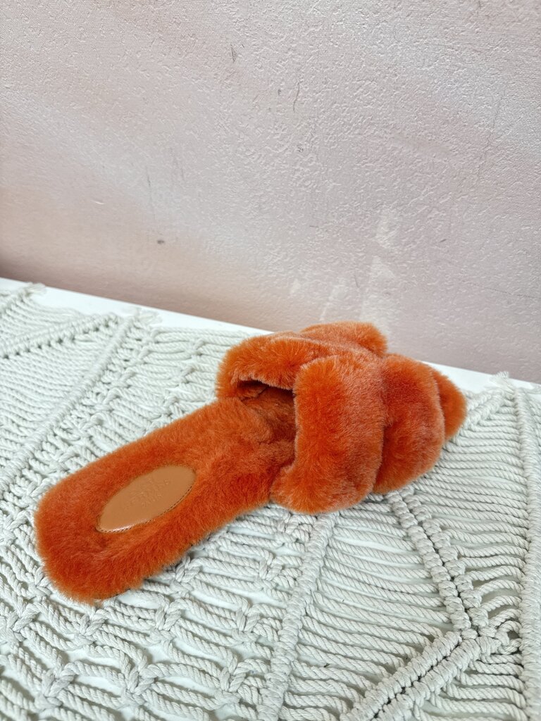 Hermes Oran Orange Faux Fur Sandal