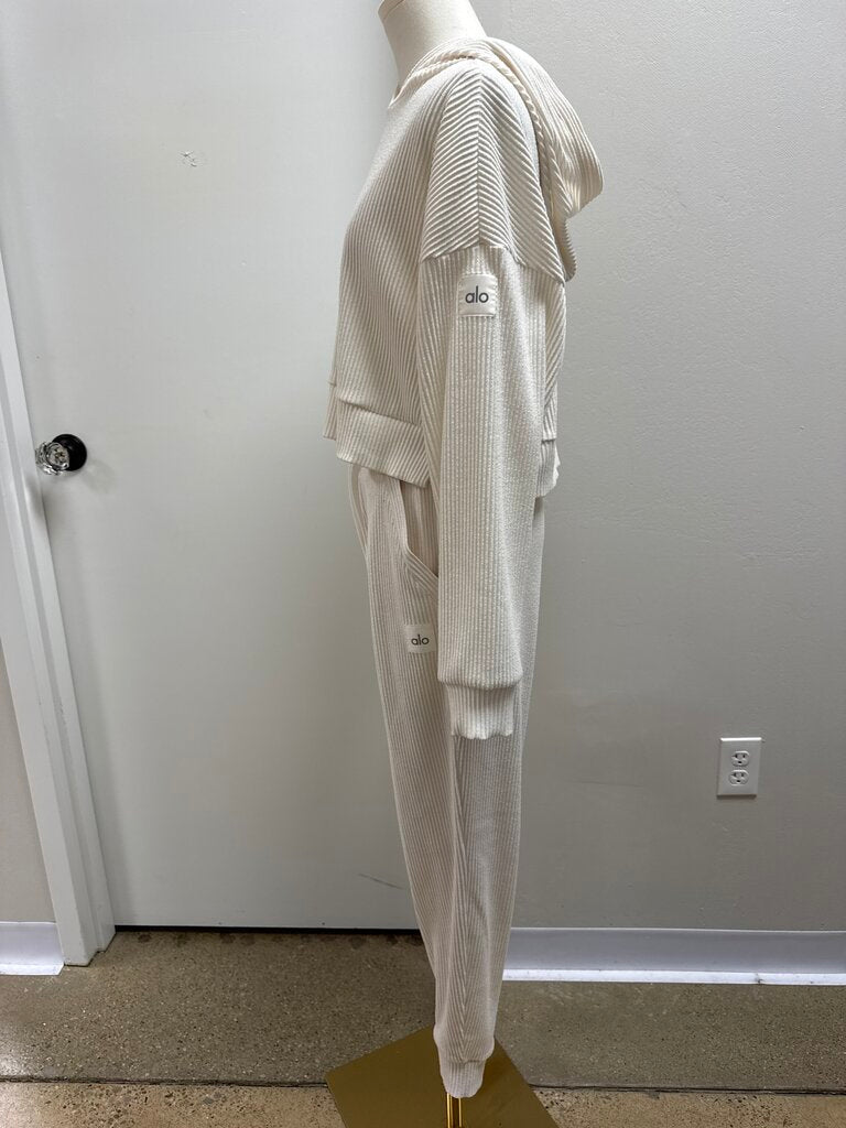 Alo Ivory Ribbed Sweatshirt and Sweatpants Set