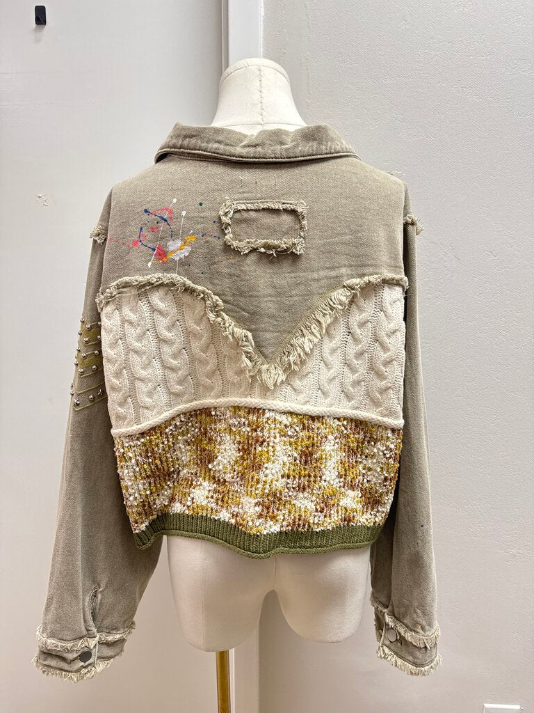 POL Khaki Paint Splatter Jean Jacket
