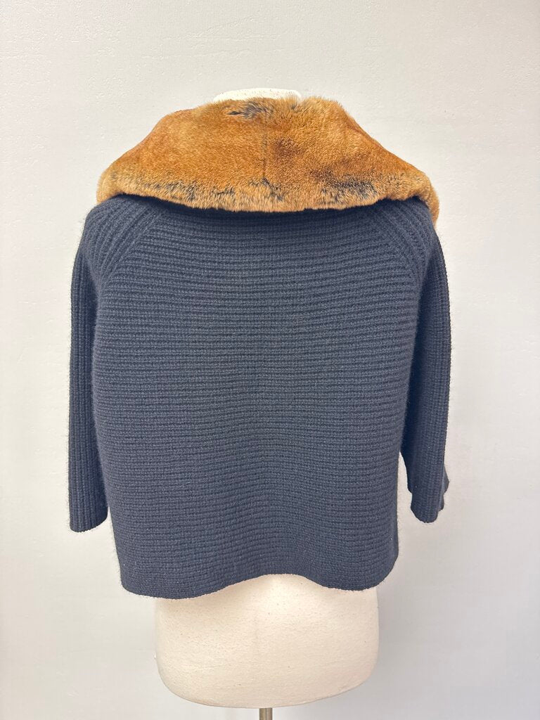 Saks Fifth Ave Black Ribbed Cashmere and Fur Trim Sweater