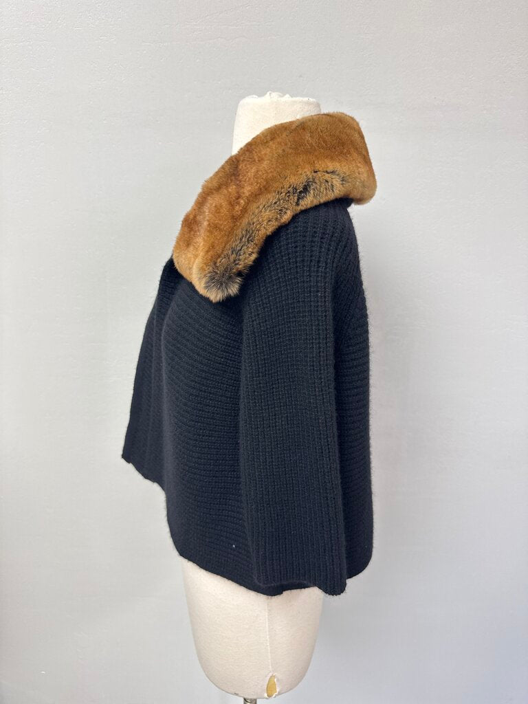 Saks Fifth Ave Black Ribbed Cashmere and Fur Trim Sweater