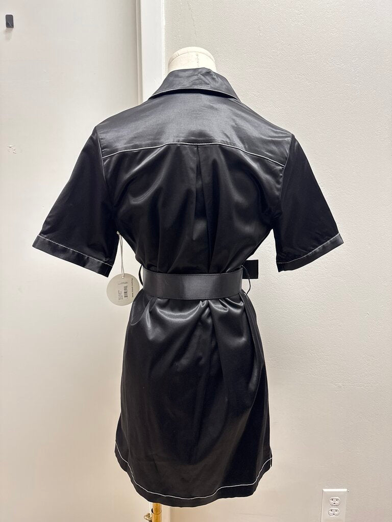 Staud Black Satin Belted Shirt Dress NWT
