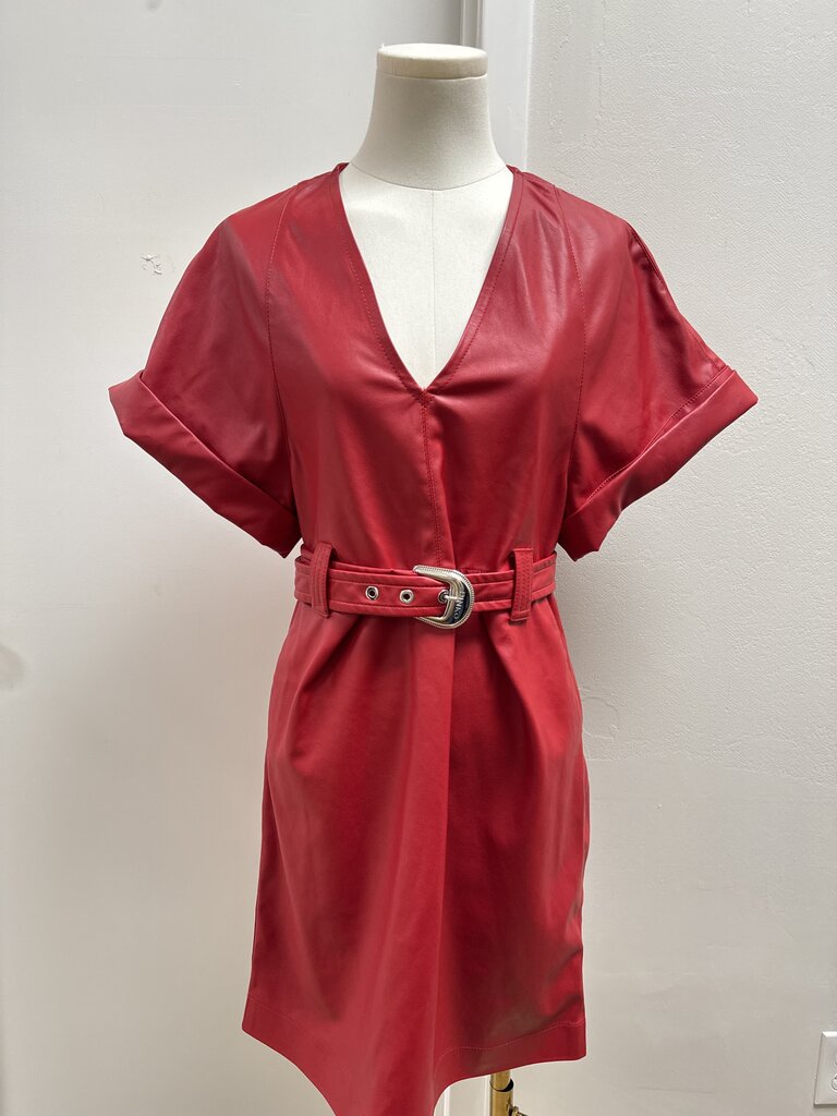 Pinko Red Faux Leather Belted Dress