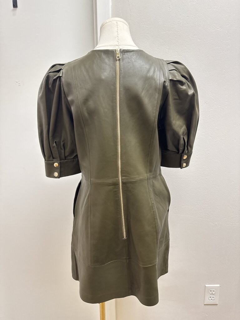 Ted Baker Khaki Leather Puff Sleeve Dress NWT