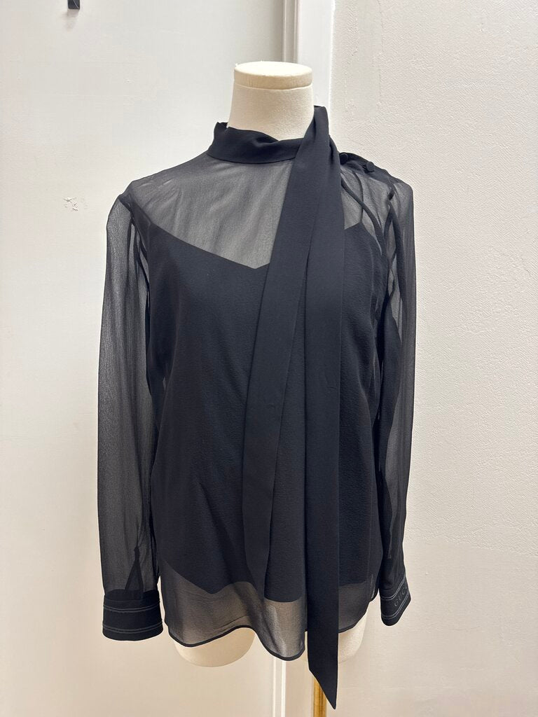 Gucci Black Sheer Tie Front Silk Georgette Blouse (Orig $2200)