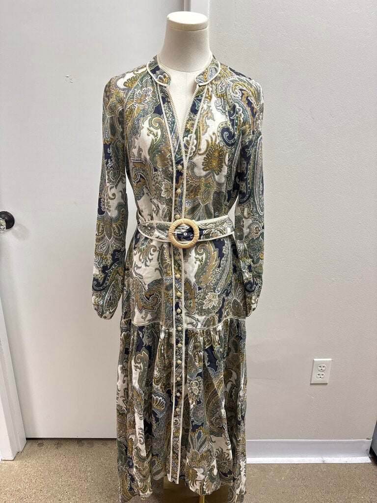 Veronica Beard Green Floral Linen Belted Maxi Dress
