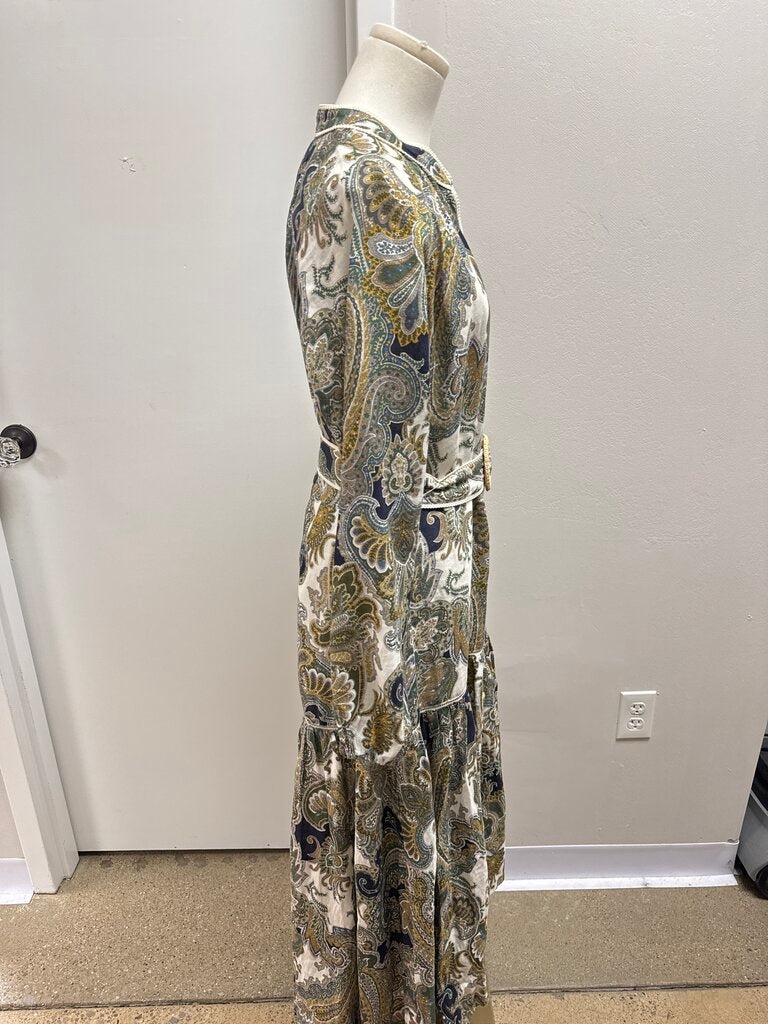 Veronica Beard Green Floral Linen Belted Maxi Dress