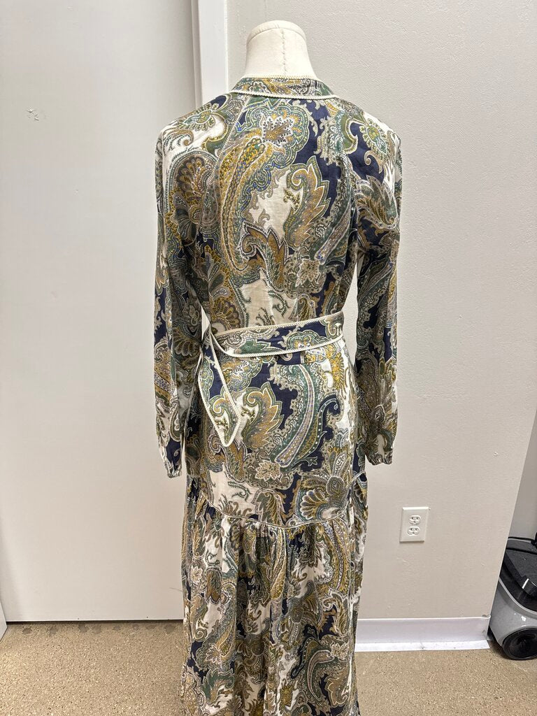 Veronica Beard Green Floral Linen Belted Maxi Dress