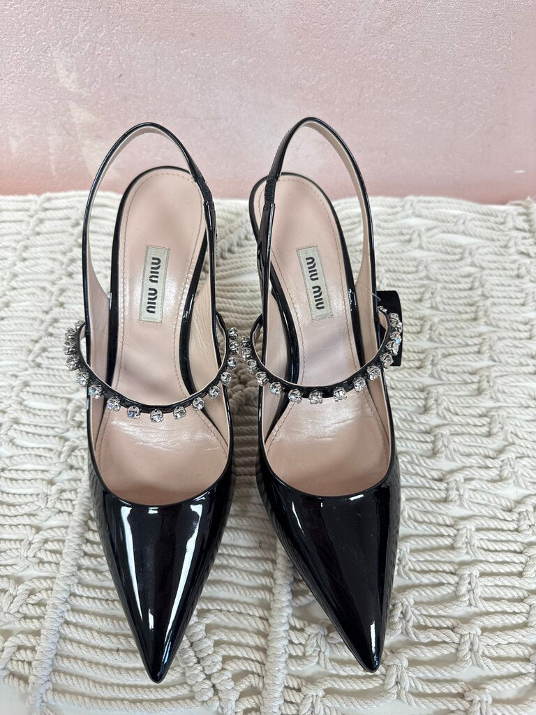 Miu Miu Black Pantent Crystal Strap Pump