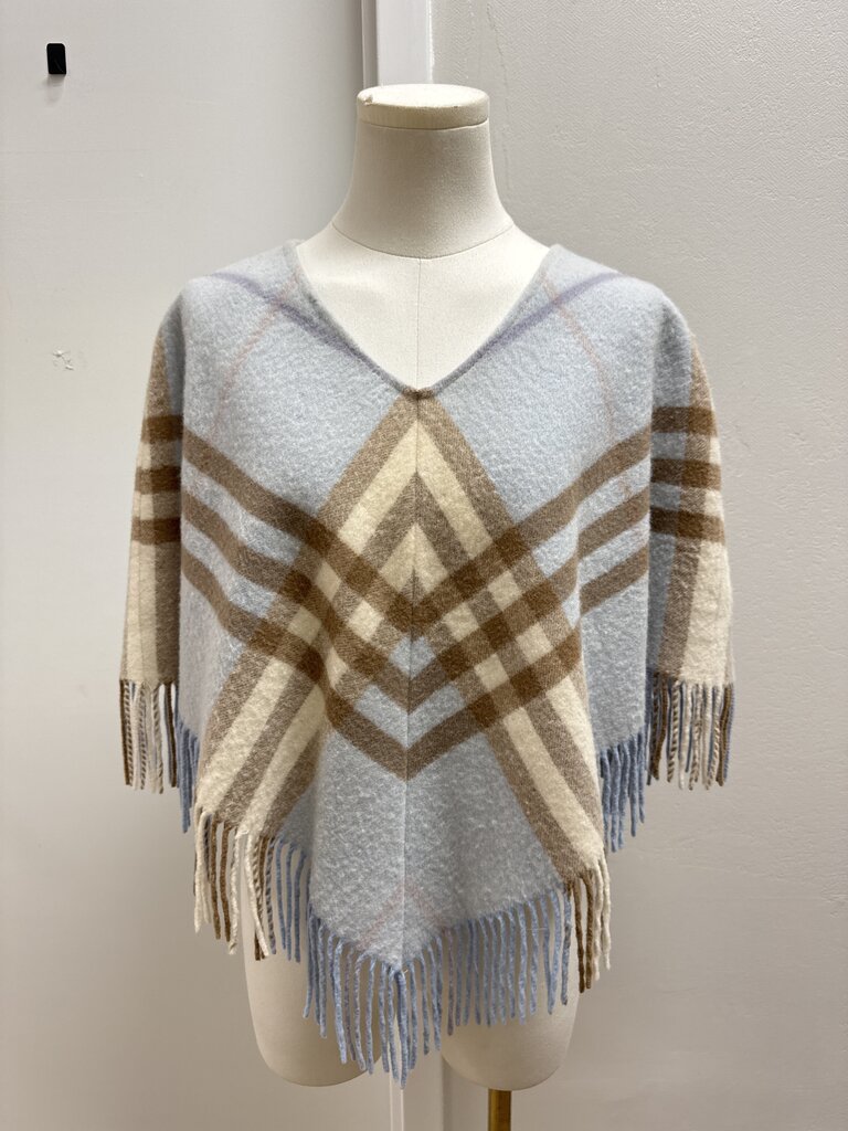 Burberry Light Blue Plaid Fringe Poncho