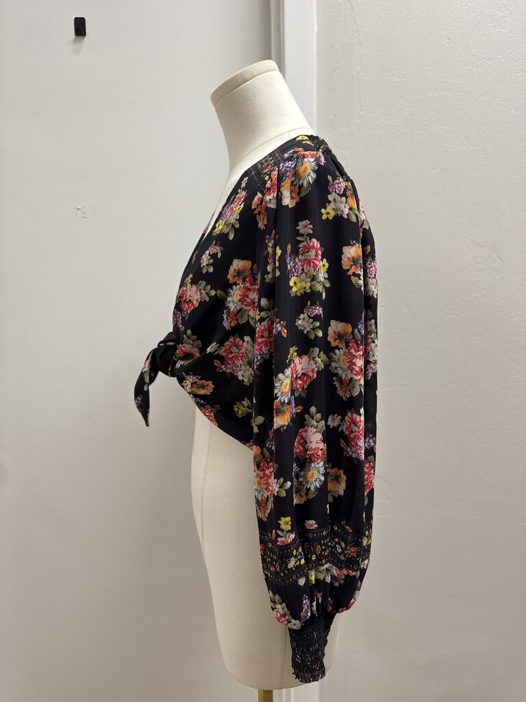 Alice + Olivia Black Floral Tie Front Top