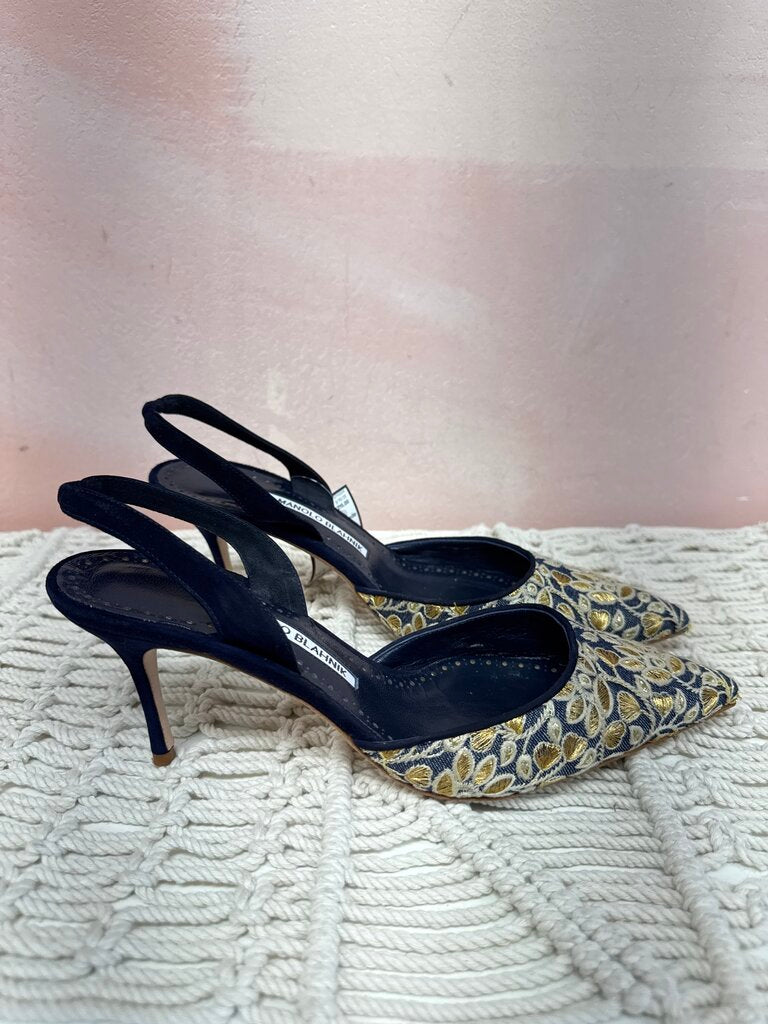 Manolo Blue Brocade Slingback w/Box