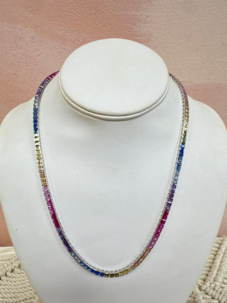 Sterling Rainbow Sapphire Tennis Necklace