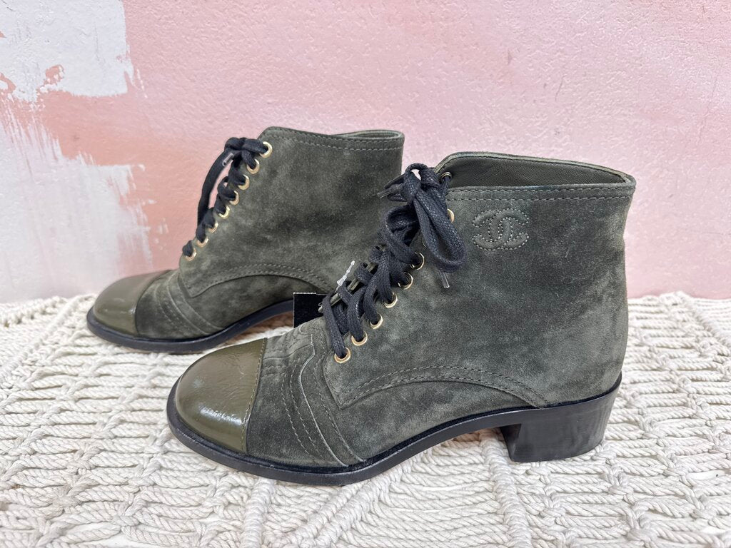 Chanel Olive Suede Lace Up Bootie
