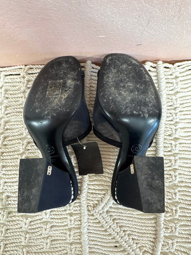 Chanel Black Mesh and Suede Pearl Sandal