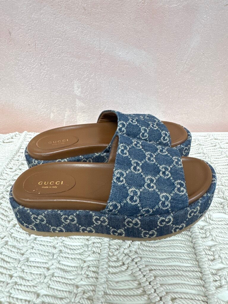 Gucci Denim Monogram Platform Slide