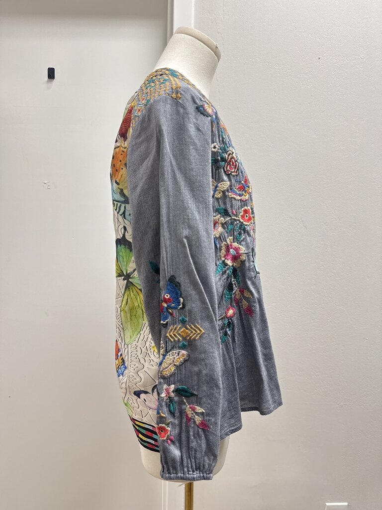 Johnny Was Grey Embroidered Blouse