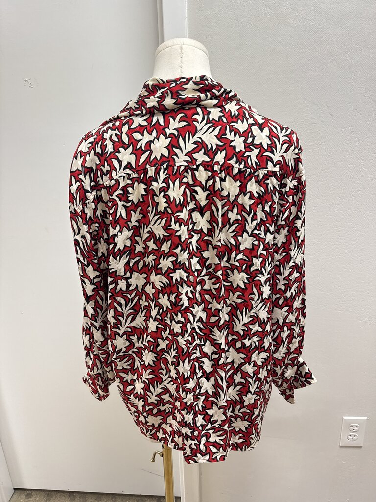 Saint Laurent Red Printed Silk Tie Front Blouse (As Is)