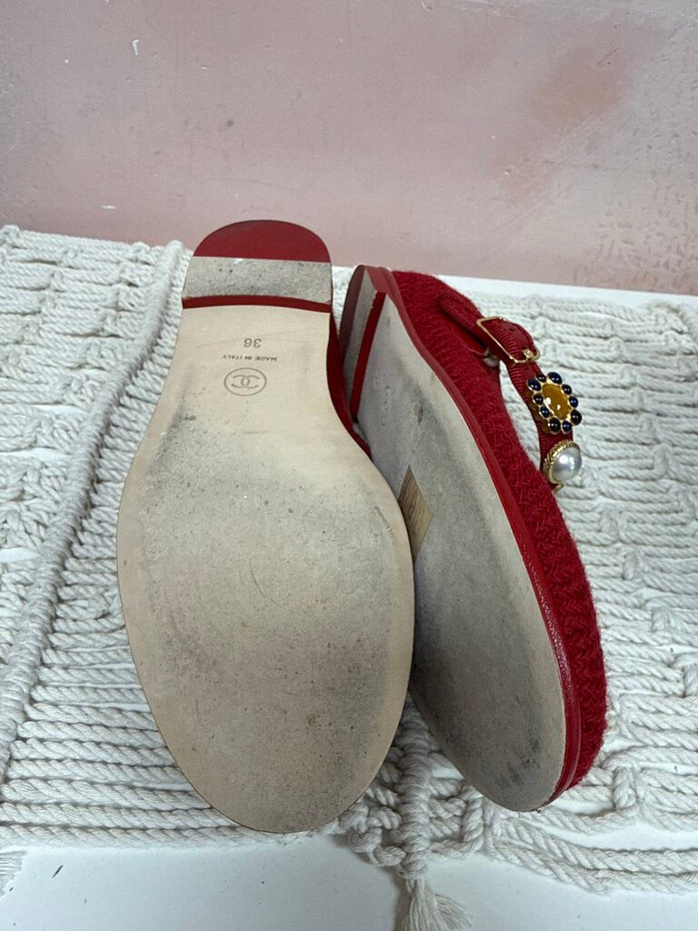 Chanel Red Tweed Mary Jane Flat w/ Dust Bag
