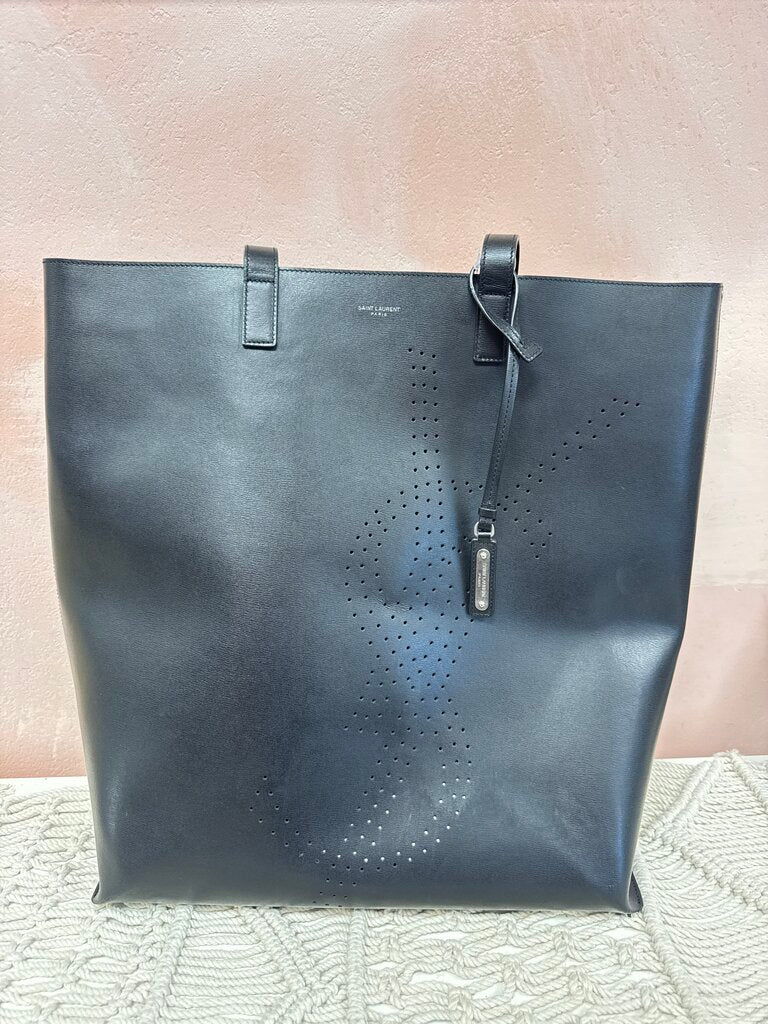 YSL Black North/South Perforated Shopping Tote w/Dustbag