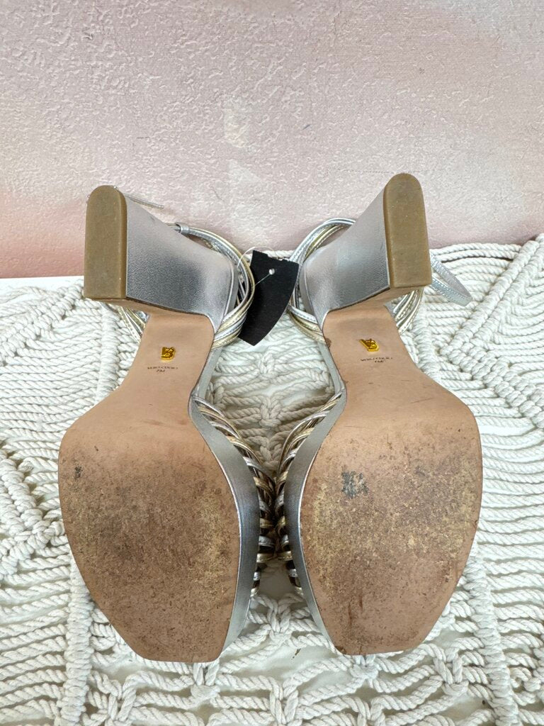 Veronica Beard Silver and Gold Platform Open Toe Heel