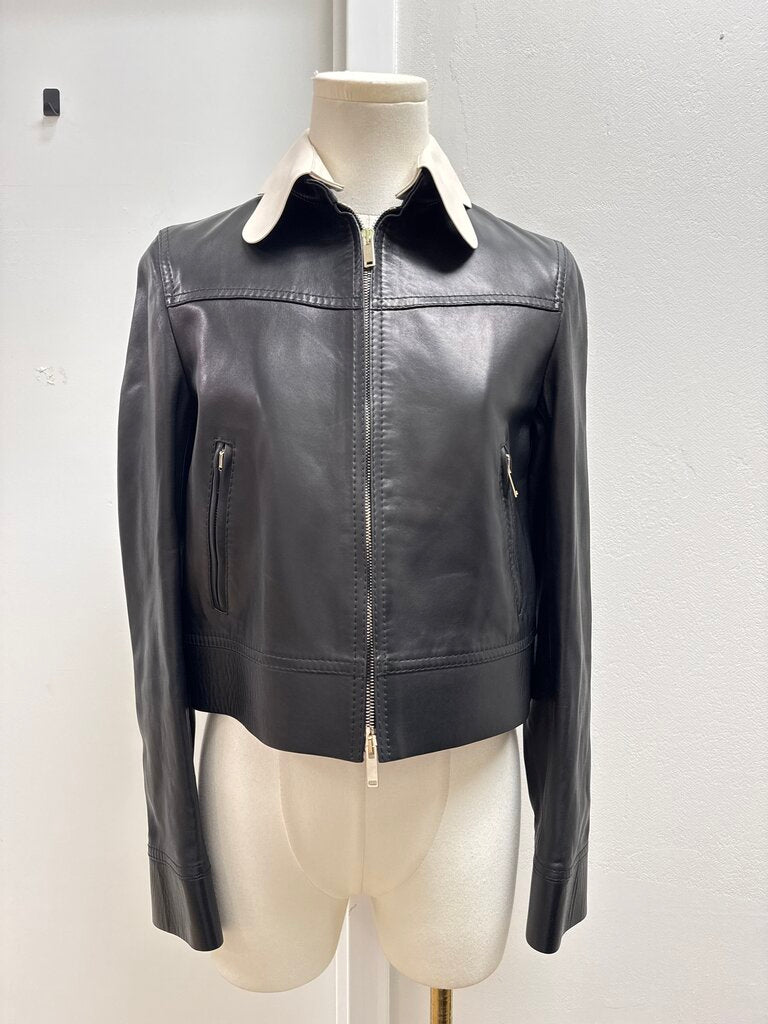 Valentino Black Leather Peter Pan Collar Cropped Jacket NWT