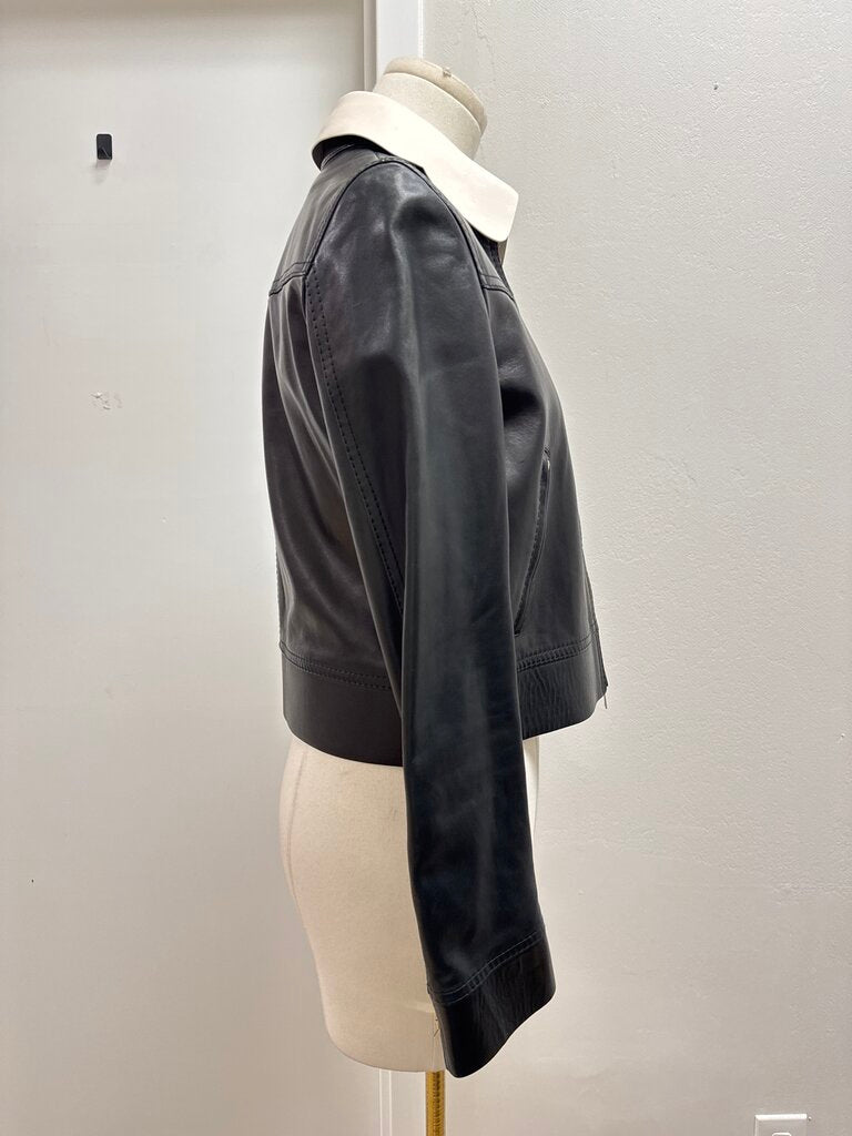 Valentino Black Leather Peter Pan Collar Cropped Jacket NWT