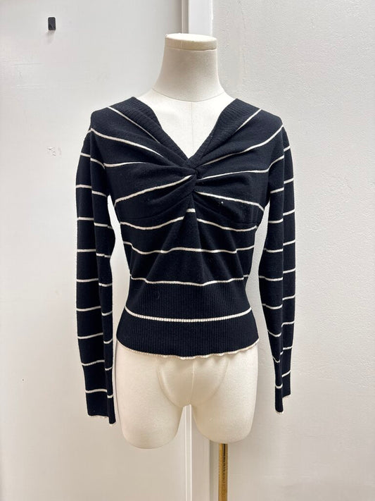 Max Mara Black and Tan Striped V-Neck Sweater