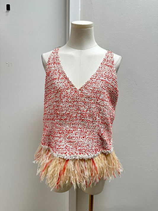 Chanel Red and White Tweed and Feather Vintage Tank
