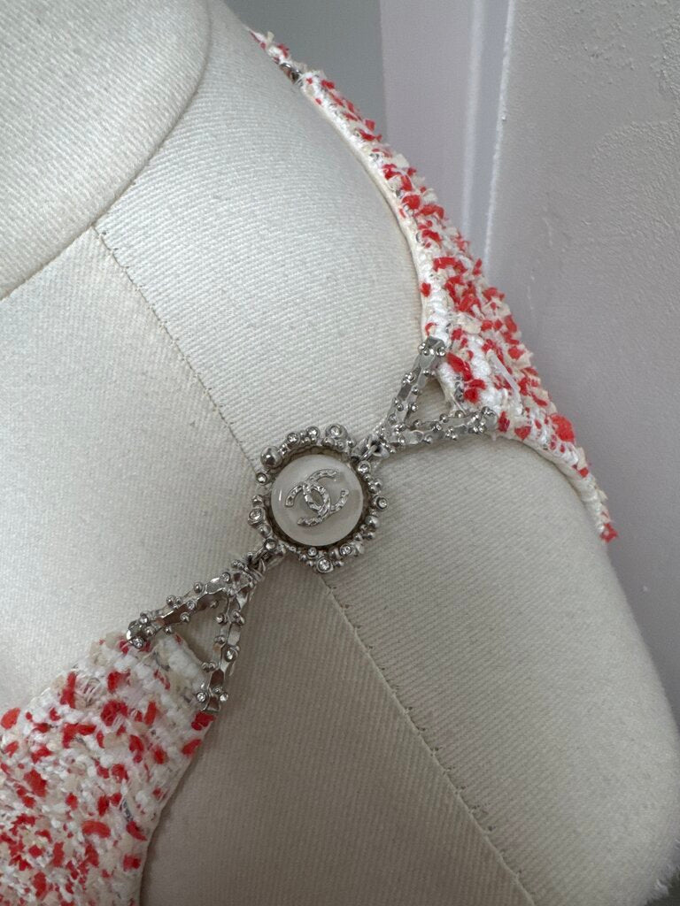 Chanel Red and White Tweed and Feather Vintage Tank