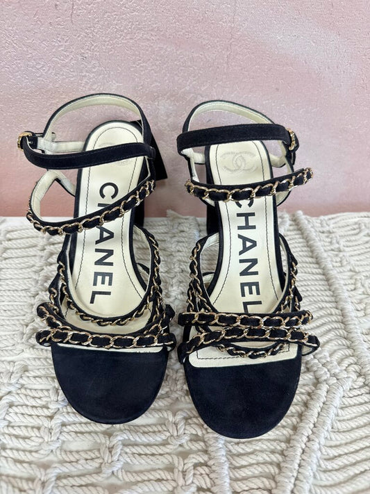 Chanel Black Suede and Chain Link Sandal