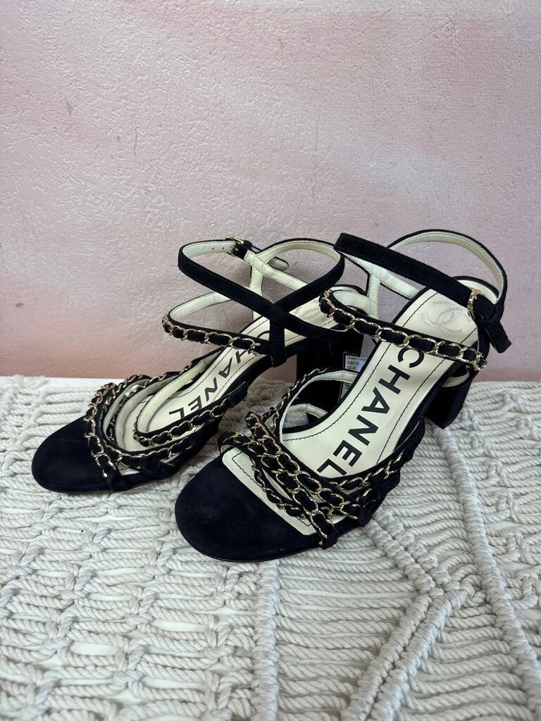 Chanel Black Suede and Chain Link Sandal