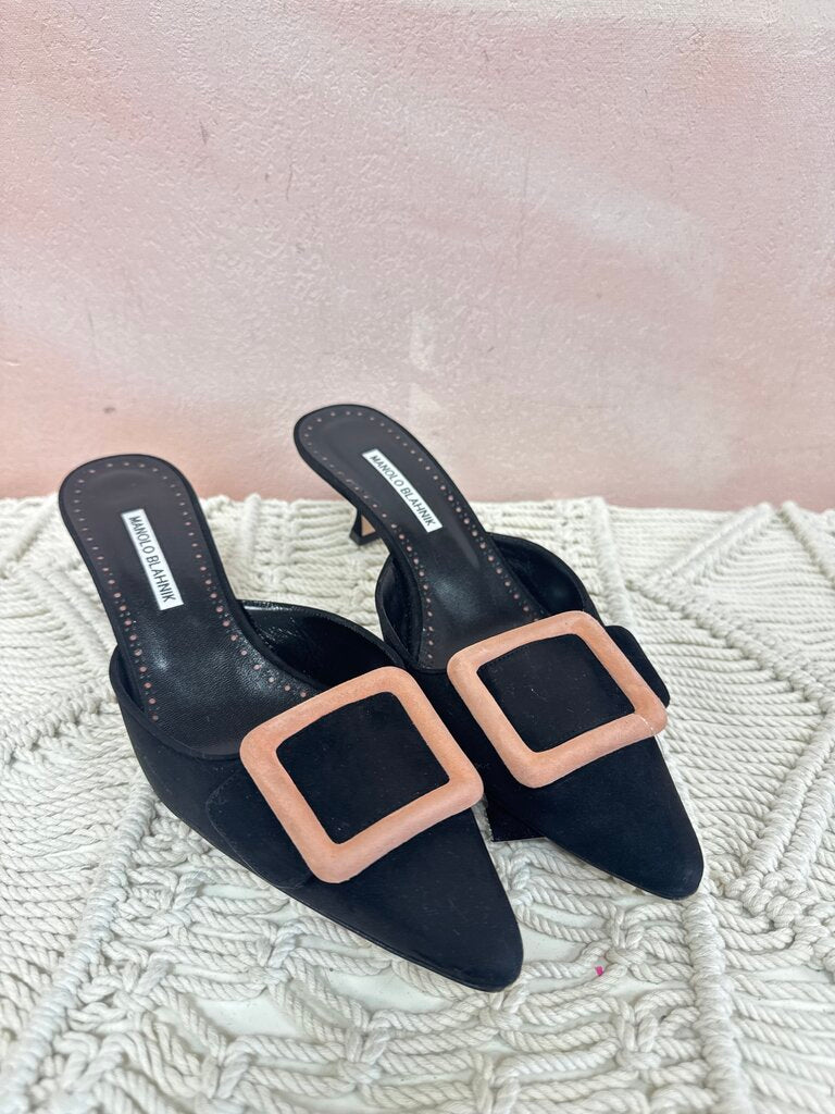Manolo Blank Black Suede Buckle Mule
