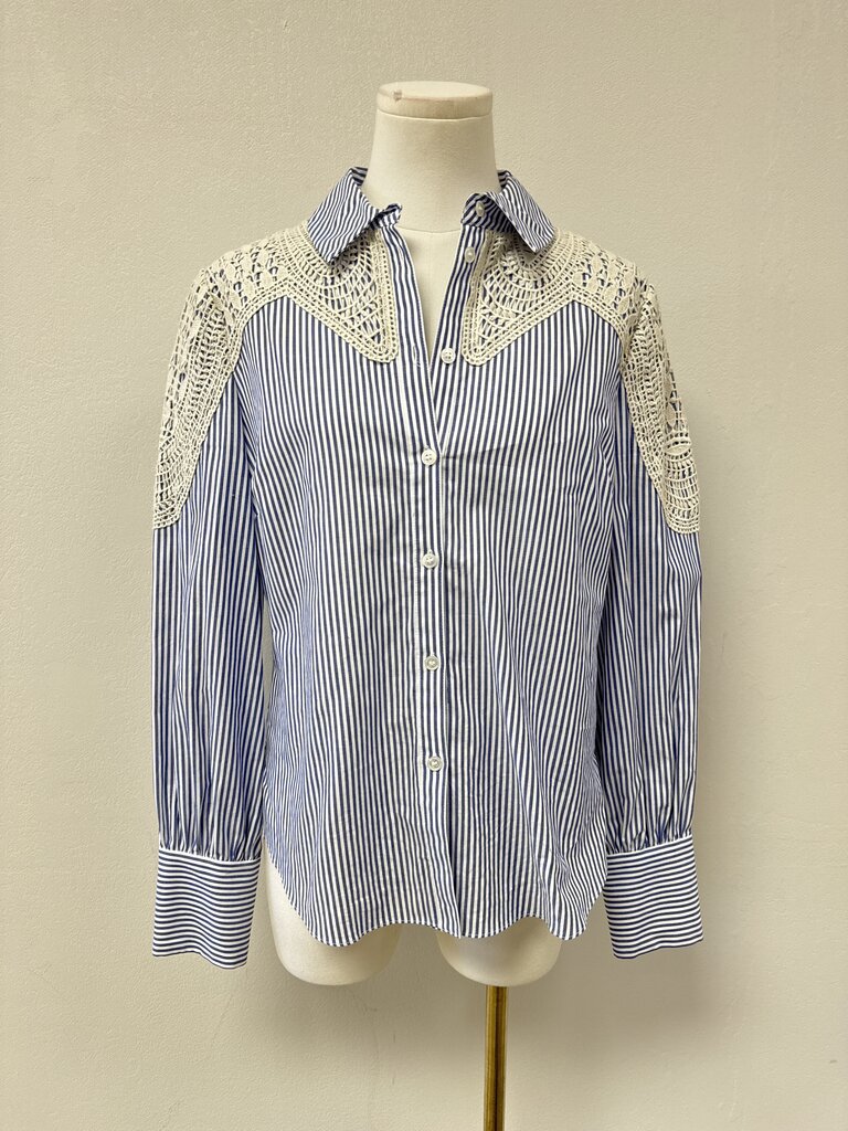 Veronica Beard Blue Striped and Lace Button Up