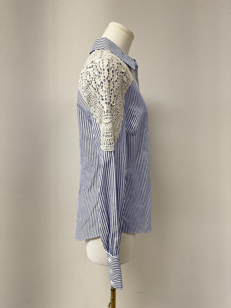 Veronica Beard Blue Striped and Lace Button Up