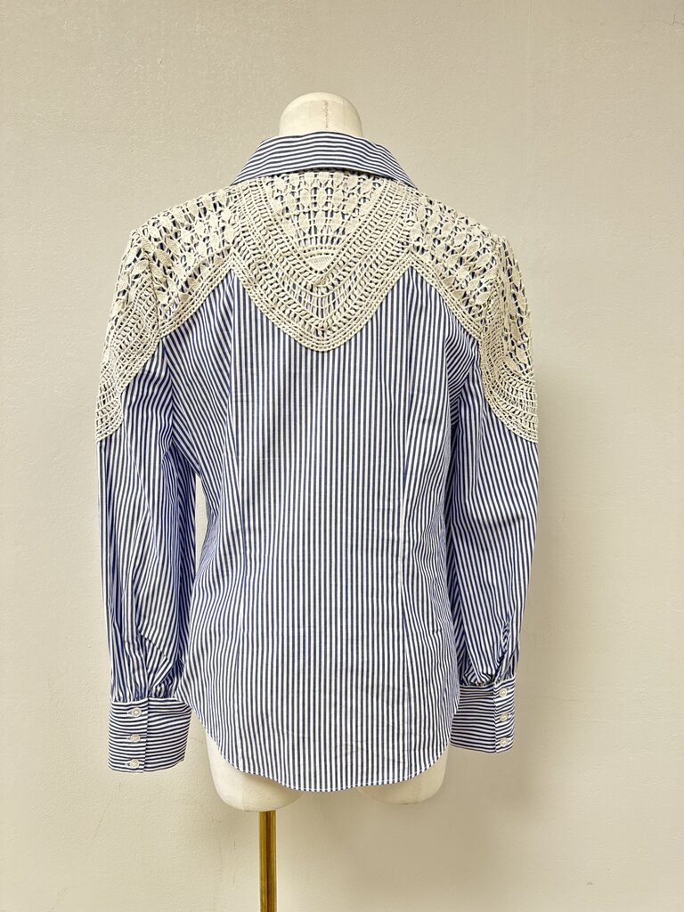 Veronica Beard Blue Striped and Lace Button Up