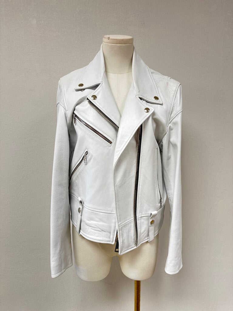 Dancassab White Leather Moto Jacket