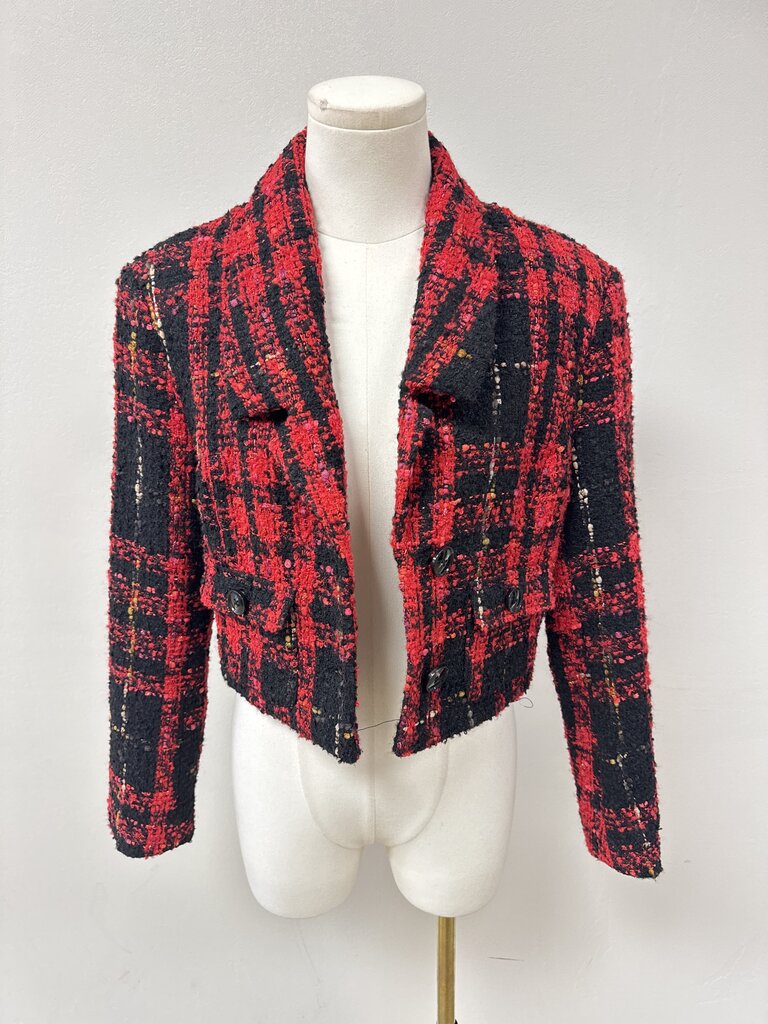 English Factory Red Plaid Tweed Cropped Blazer NWT