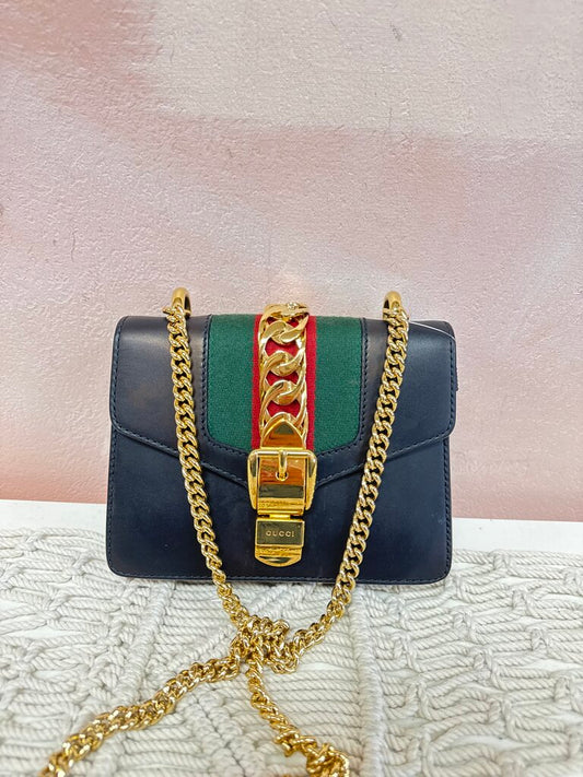 Gucci Black Calfskin Mini Sylvie Chain Strap Shoulder Bag w/Dustbag