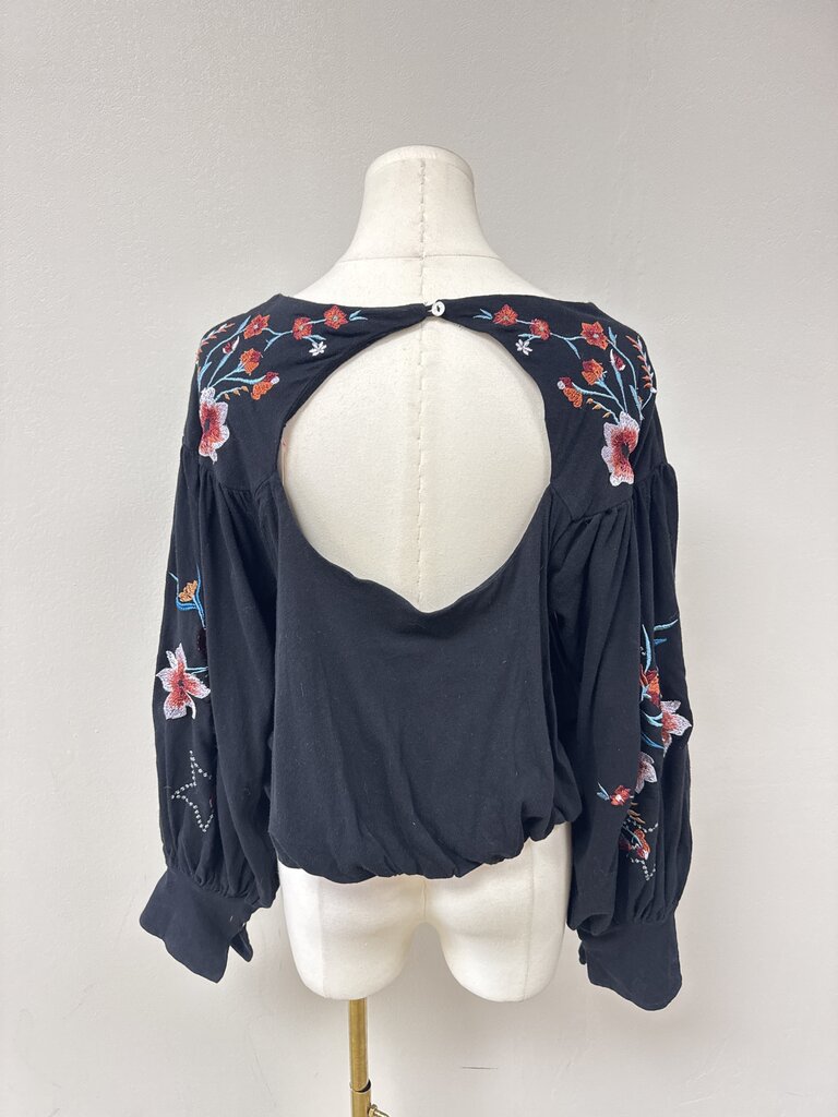 Free People Black Embroidered Balloon Sleeve Top NWT