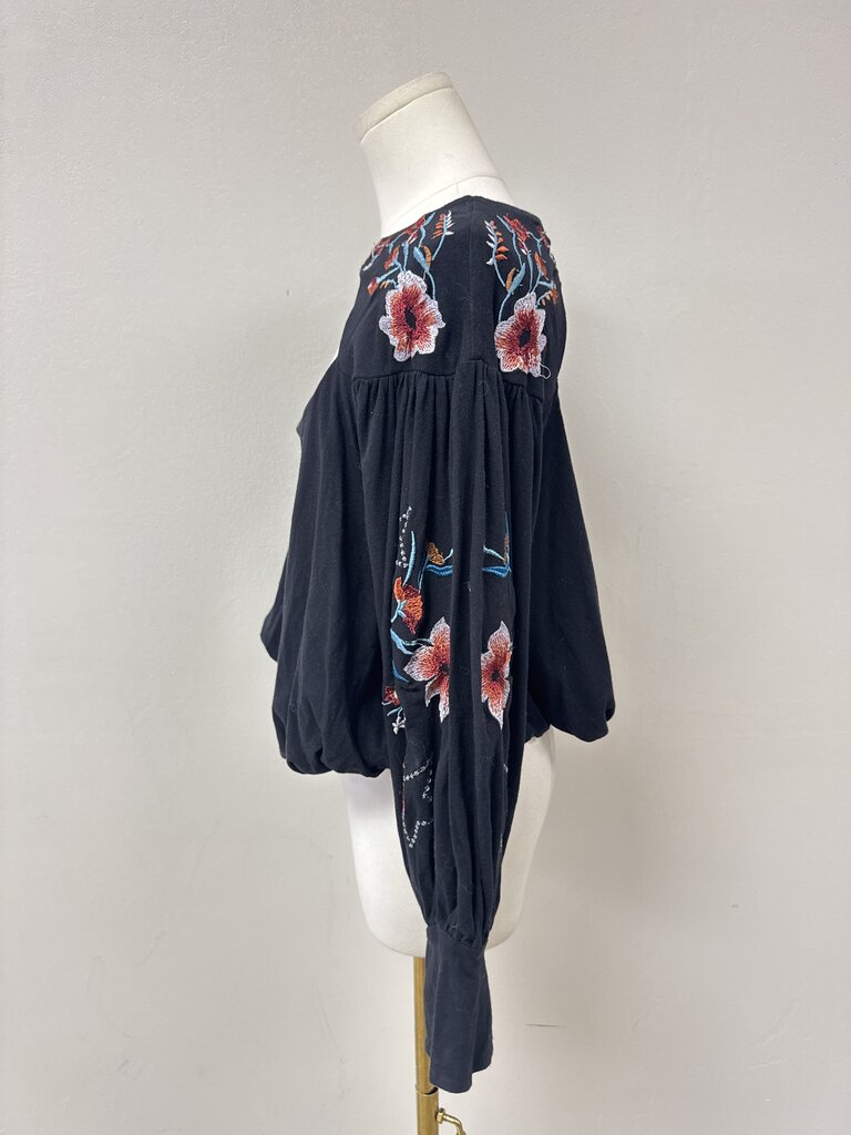 Free People Black Embroidered Balloon Sleeve Top NWT