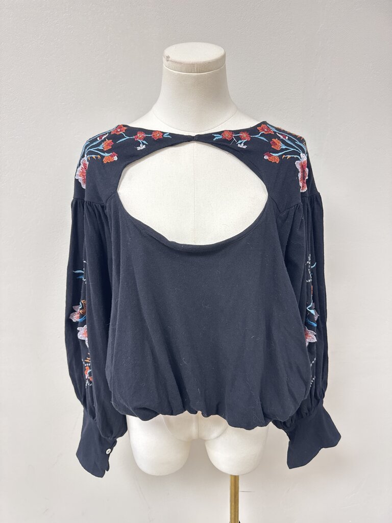 Free People Black Embroidered Balloon Sleeve Top NWT
