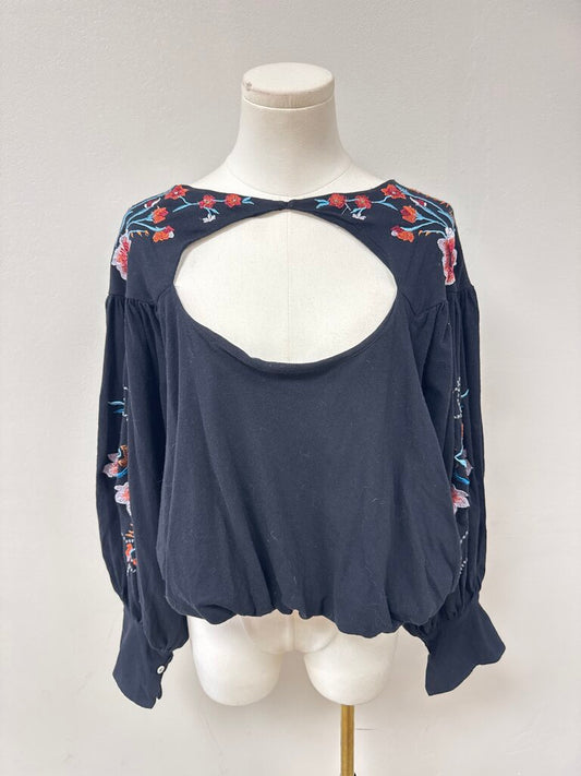 Free People Black Embroidered Balloon Sleeve Top NWT