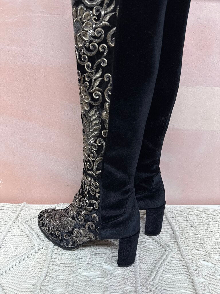 Stuart Weitzman Black Velvet Beaded Over the Knee Boot w/Dustbag