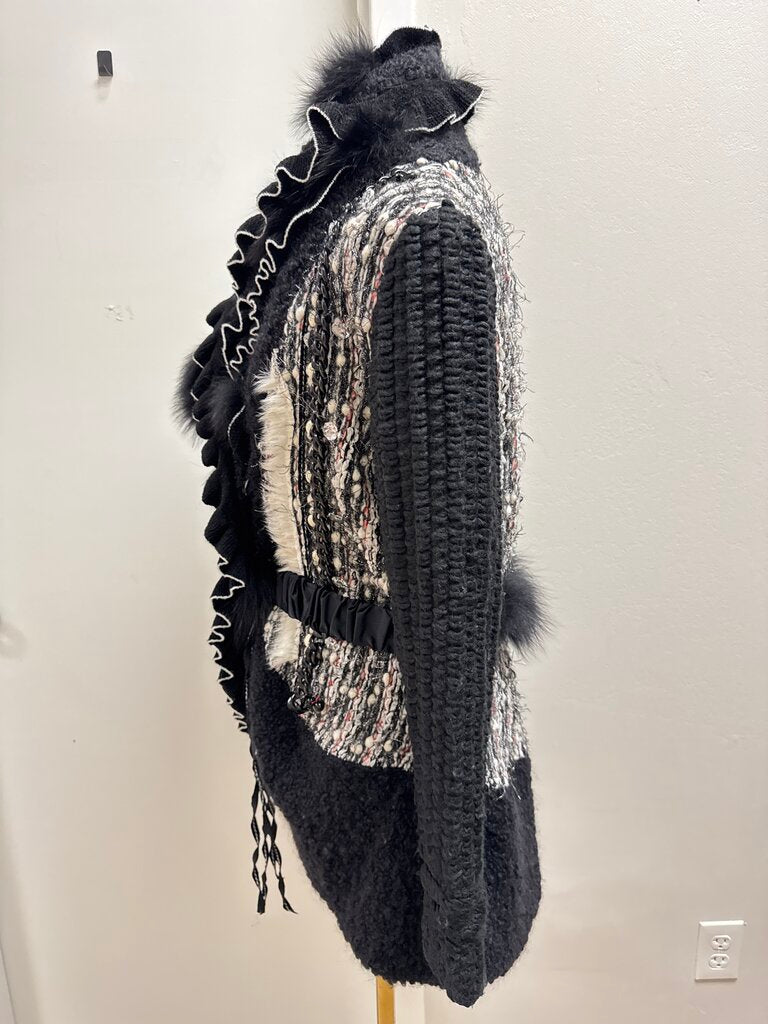 Tricot Chic Black and White Fur Detail Knit Jacket and Scarf