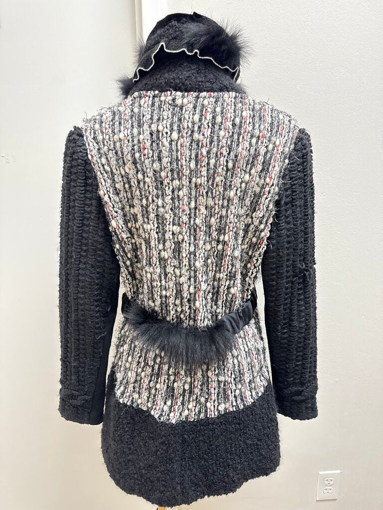 Tricot Chic Black and White Fur Detail Knit Jacket and Scarf