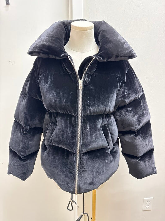 Sandro Black Velvet Quilted Puffer Jacket