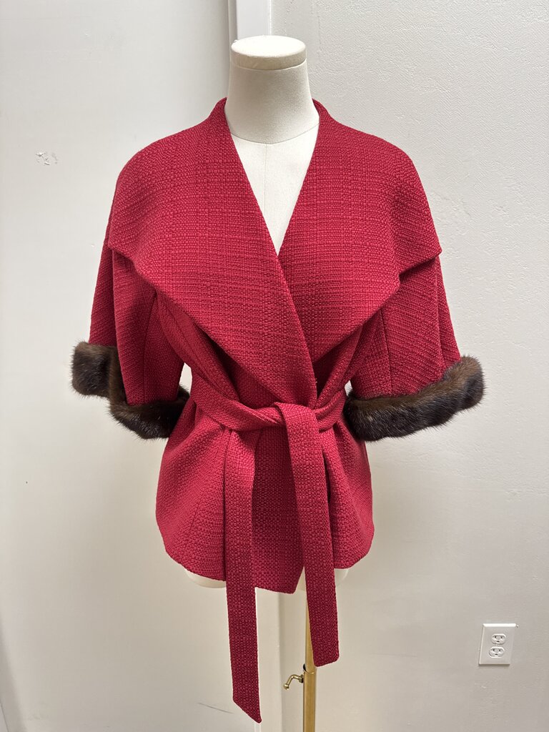 Escada Red Fur Trim Belted Cropped Jacket