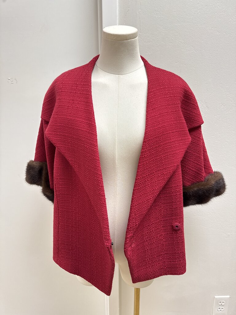 Escada Red Fur Trim Belted Cropped Jacket
